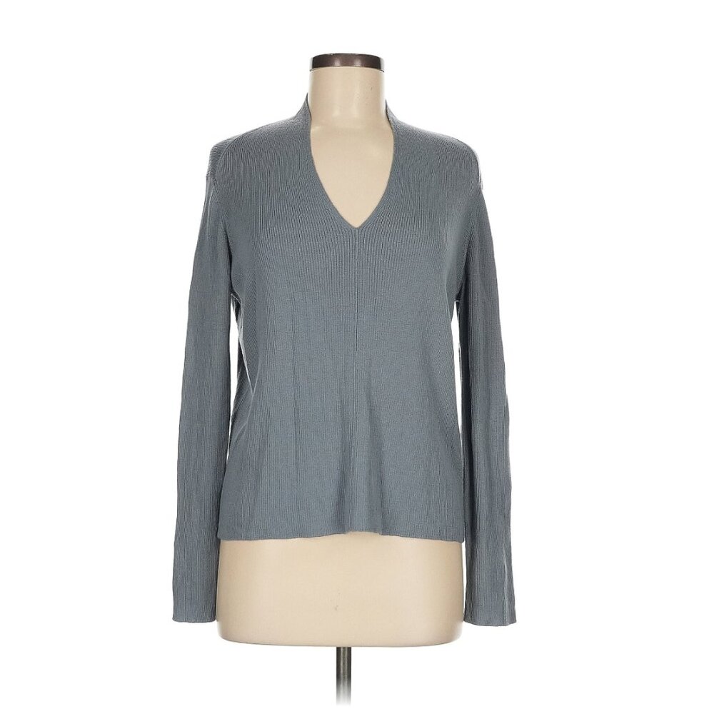 Max Mara Leisure Gray Ribbed Merino V Neck Sweater Long Sleeve Womens Large L 10